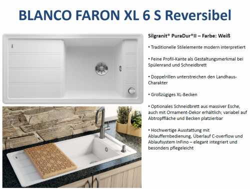 BLANCO Faron XL 6-S Silgranit PuraDurII Granitsple / Einbausple Ablaufsystem InFino mit Drehknopfventil