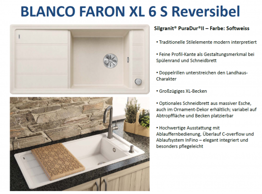 BLANCO Faron XL 6-S Silgranit PuraDurII Granitsple / Einbausple Ablaufsystem InFino mit Drehknopfventil