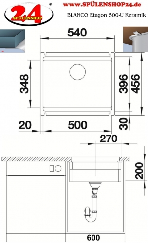 BLANCO Kchensple Etagon 500-U Keramik PuraPlus Keramiksple / Unterbausple Ablaufsystem InFino mit Handbettigung