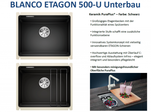 BLANCO Kchensple Etagon 500-U Keramik PuraPlus Keramiksple / Unterbausple Ablaufsystem InFino mit Handbettigung