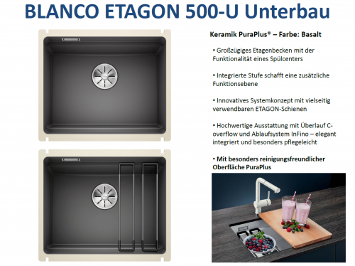 BLANCO Kchensple Etagon 500-U Keramik PuraPlus Keramiksple / Unterbausple Ablaufsystem InFino mit Handbettigung