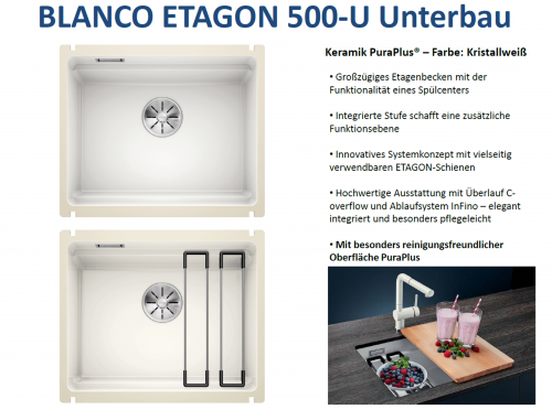 BLANCO Kchensple Etagon 500-U Keramik PuraPlus Keramiksple / Unterbausple Ablaufsystem InFino mit Handbettigung