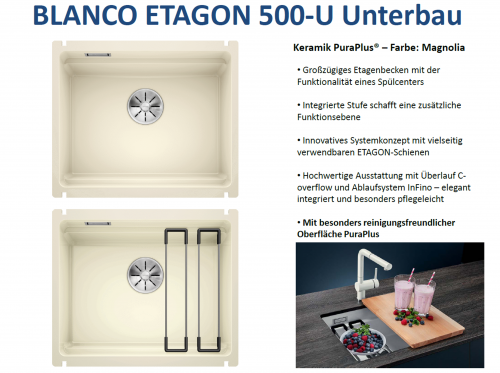 BLANCO Kchensple Etagon 500-U Keramik PuraPlus Keramiksple / Unterbausple Ablaufsystem InFino mit Handbettigung