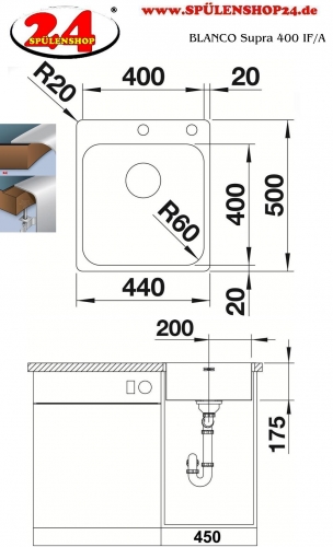 BLANCO Kchensple Supra 400-IF/A Edelstahlsple / Einbausple Flachrand mit Hahnlochbank Siebkorb als Zugknopfventil