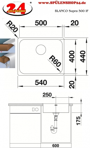 BLANCO Kchensple Supra 500-IF Edelstahlsple / Einbausple Flachrand Siebkorb als Stopfenventil Handbettigung