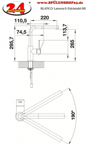 BLANCO Kchenarmatur Lanora-S Edelstahl massiv Einhebelmischer mit Zugauslauf als Schlauchbrause Niederdruck