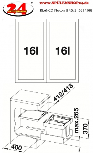 BLANCO Abfalltrennsystem Flexon II 45/2 Abfallsystem mit Systemdeckel zum Einbau in Schubksten ab 45cm Unterschrank