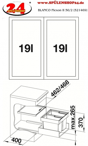 BLANCO Abfalltrennsystem Flexon II 50/2 Abfallsystem mit Systemdeckel zum Einbau in Schubksten ab 50cm Unterschrank