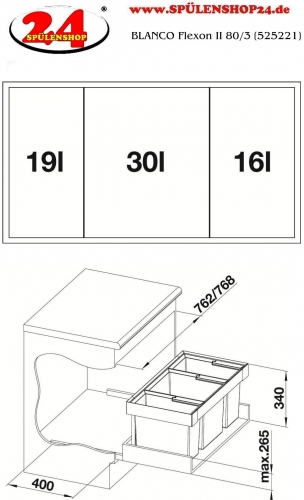 BLANCO Abfalltrennsystem Flexon II 80/3 Abfallsystem zum Einbau in Schubksten ab 80cm Unterschrank