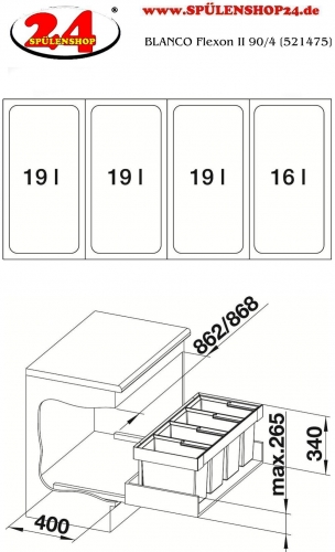 BLANCO Abfalltrennsystem Flexon II 90/4 Abfallsystem zum Einbau in Schubksten ab 90cm Unterschrank