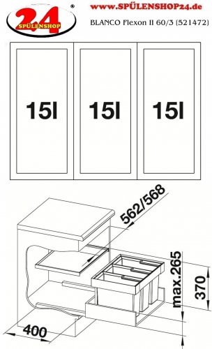 BLANCO Abfalltrennsystem Flexon II 60/3 Abfallsystem mit Systemdeckel zum Einbau in Schubksten ab 60cm Unterschrank