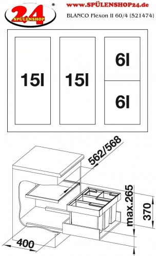 BLANCO Abfalltrennsystem Flexon II 60/4 Abfallsystem mit Systemdeckel zum Einbau in Schubksten ab 60cm Unterschrank