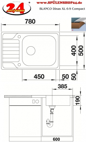 BLANCO Kchensple Dinas XL 6-S Compact Einbausple / Edelstahlsple Siebkorb als Drehknopfventil