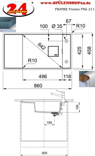 x FRANKE Kchensple Fresno FSG 211 Fragranit+ Einbausple / Granitsple Flchenbndig / Unterbau mit Siebkorb als Druckknopfventil