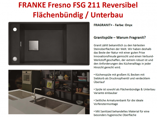 x FRANKE Kchensple Fresno FSG 211 Fragranit+ Einbausple / Granitsple Flchenbndig / Unterbau mit Siebkorb als Druckknopfventil