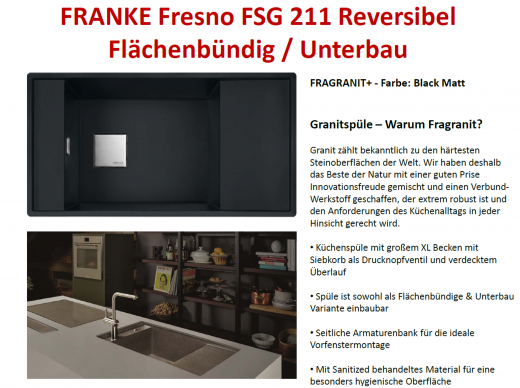 x FRANKE Kchensple Fresno FSG 211 Fragranit+ Einbausple / Granitsple Flchenbndig / Unterbau mit Siebkorb als Druckknopfventil