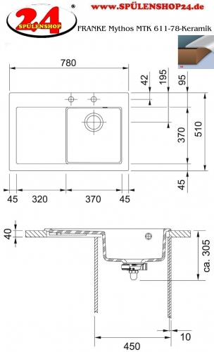 FRANKE Kchensple Mythos MTK 611-78-Keramik Fraceram Einbausple / Keramiksple mit Siebkorb als Druckknopfventil