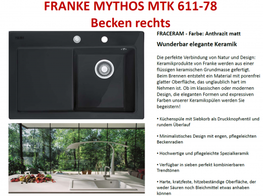 FRANKE Kchensple Mythos MTK 611-78-Keramik Fraceram Einbausple / Keramiksple mit Siebkorb als Druckknopfventil