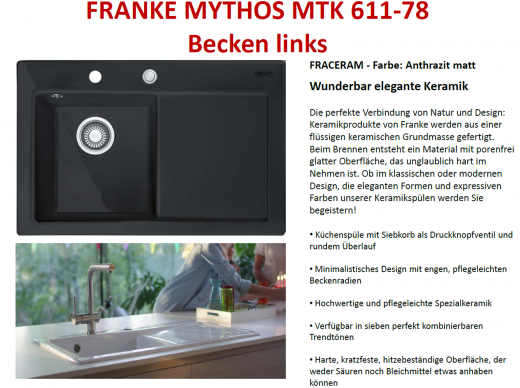 FRANKE Kchensple Mythos MTK 611-78-Keramik Fraceram Einbausple / Keramiksple mit Siebkorb als Druckknopfventil