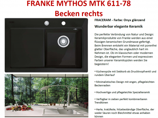 FRANKE Kchensple Mythos MTK 611-78-Keramik Fraceram Einbausple / Keramiksple mit Siebkorb als Druckknopfventil