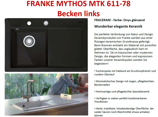 FRANKE Kchensple Mythos MTK 611-78-Keramik Fraceram Einbausple / Keramiksple mit Siebkorb als Druckknopfventil