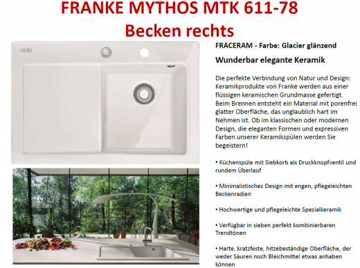 FRANKE Kchensple Mythos MTK 611-78-Keramik Fraceram Einbausple / Keramiksple mit Siebkorb als Druckknopfventil