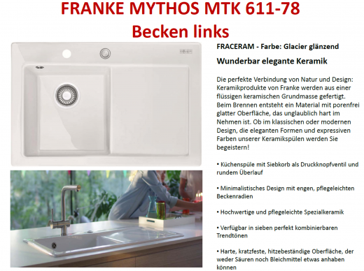 FRANKE Kchensple Mythos MTK 611-78-Keramik Fraceram Einbausple / Keramiksple mit Siebkorb als Druckknopfventil