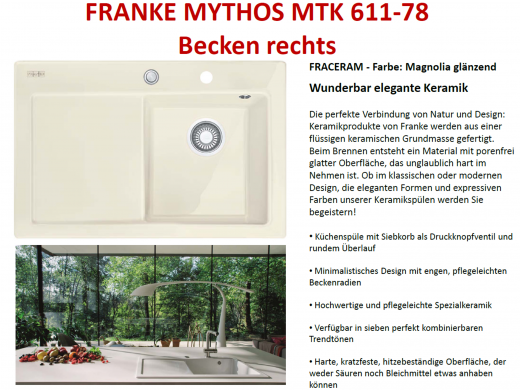 FRANKE Kchensple Mythos MTK 611-78-Keramik Fraceram Einbausple / Keramiksple mit Siebkorb als Druckknopfventil