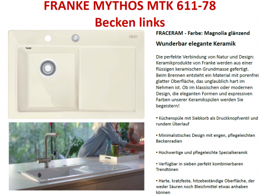 FRANKE Kchensple Mythos MTK 611-78-Keramik Fraceram Einbausple / Keramiksple mit Siebkorb als Druckknopfventil