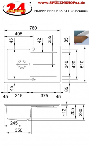 FRANKE Kchensple Maris MRK 611-78-Keramik Fraceram Einbausple / Keramiksple mit Siebkorb als Druckknopfventil