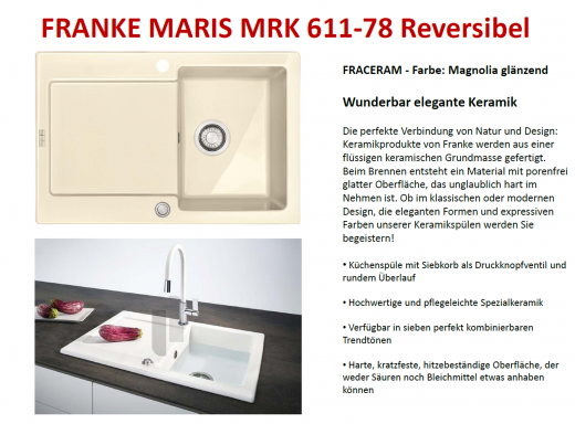 FRANKE Kchensple Maris MRK 611-78-Keramik Fraceram Einbausple / Keramiksple mit Siebkorb als Druckknopfventil