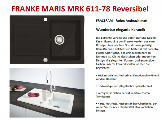 FRANKE Kchensple Maris MRK 611-78-Keramik Fraceram Einbausple / Keramiksple mit Siebkorb als Druckknopfventil