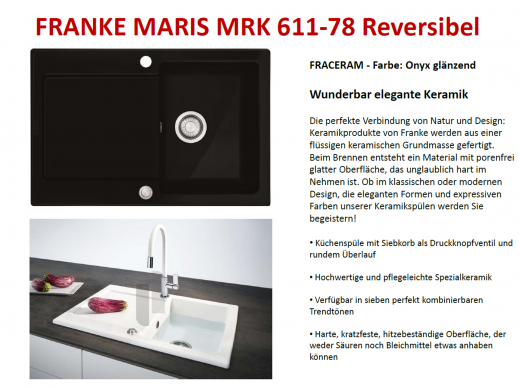 FRANKE Kchensple Maris MRK 611-78-Keramik Fraceram Einbausple / Keramiksple mit Siebkorb als Druckknopfventil