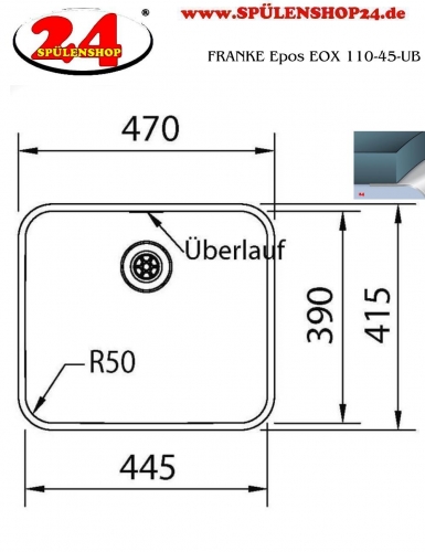 FRANKE Kchensple Epos EOX 110-45 Unterbausple (Montage unter die Arbeitsplatte) mit Integralablauf und Siebkorb als Druckknopfventil