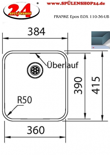 FRANKE Kchensple Epos EOX 110-36 Unterbausple (Montage unter die Arbeitsplatte) mit Integralablauf und Siebkorb als Druckknopfventil