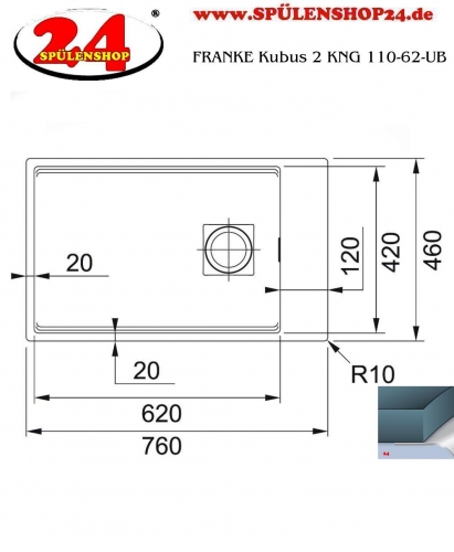 FRANKE Kchensple Kubus 2 KNG 110-62 Fragranit+ Granitsple / Unterbausple (Montage unter die Arbeitsplatte) mit Siebkorb als Druckknopfventil