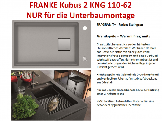 FRANKE Kchensple Kubus 2 KNG 110-62 Fragranit+ Granitsple / Unterbausple (Montage unter die Arbeitsplatte) mit Siebkorb als Druckknopfventil