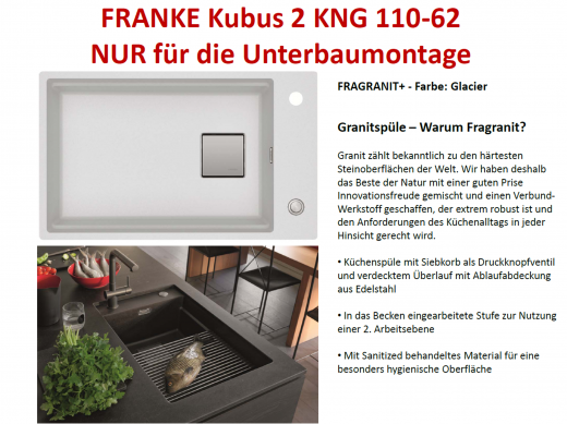 FRANKE Kchensple Kubus 2 KNG 110-62 Fragranit+ Granitsple / Unterbausple (Montage unter die Arbeitsplatte) mit Siebkorb als Druckknopfventil