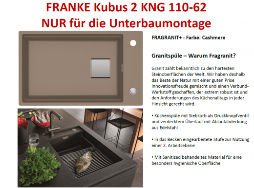 FRANKE Kchensple Kubus 2 KNG 110-62 Fragranit+ Granitsple / Unterbausple (Montage unter die Arbeitsplatte) mit Siebkorb als Druckknopfventil