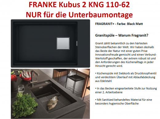 FRANKE Kchensple Kubus 2 KNG 110-62 Fragranit+ Granitsple / Unterbausple (Montage unter die Arbeitsplatte) mit Siebkorb als Druckknopfventil