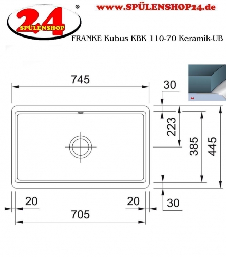 FRANKE Kchensple Kubus KBK 110-70 Keramik Fraceram Keramiksple / Unterbausple (Montage unter die APL) mit Siebkorb als Druckknopfventil