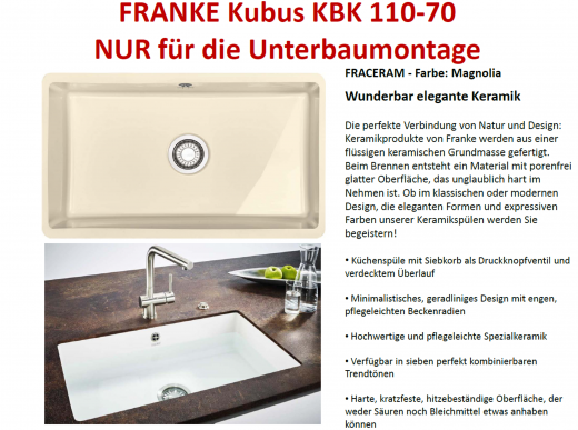 FRANKE Kchensple Kubus KBK 110-70 Keramik Fraceram Keramiksple / Unterbausple (Montage unter die APL) mit Siebkorb als Druckknopfventil