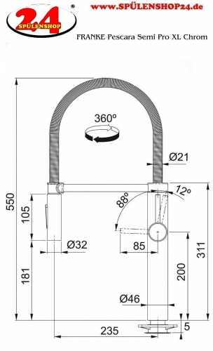 FRANKE Kchenarmatur Pescara Semi Pro XL Einhebelmischer Chrom mit Pendelbrause umstellbar 360 schwenkbarer Auslauf