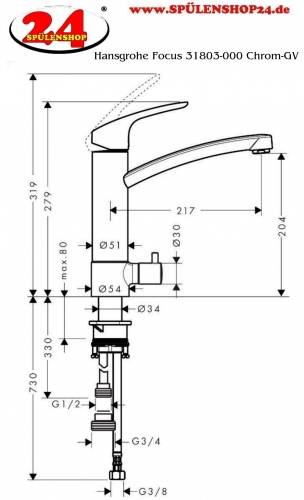 HANSGROHE Kchenarmatur Focus M41 Chrom Einhebelmischer 200 mit Festauslauf, 1jet mit Gerteabsperrventil (31803000)