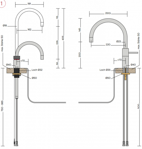 QUOOKER Nordic Round Twintaps Combi (+) B Einhebelmischer Edelstahl & 100C Armatur Set (22+NRRVSTT)