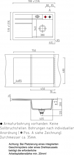 Systemceram KeraDomo BELA 78 Basic Keramiksple / Einbausple in Standardfarben fr die Kche