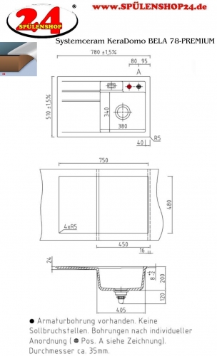 Systemceram KeraDomo BELA 78 Premium Keramiksple / Einbausple in Sonderfarben fr die Kche