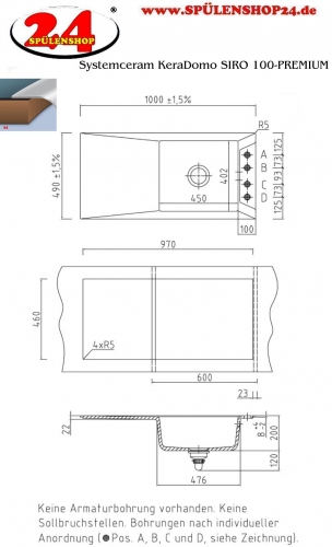 Systemceram KeraDomo SIRO 100-PREMIUM Keramiksple / Einbausple in Sonderfarben fr die Kche