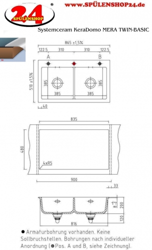 Systemceram KeraDomo MERA TWIN-BASIC Keramiksple / Einbausple in Standardfarben fr die Kche