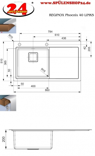 REGINOX Kchensple Phoenix 40 (L) Becken links Einbausple Edelstahl mit Flachrand Siebkorb als Drehexcenterventil